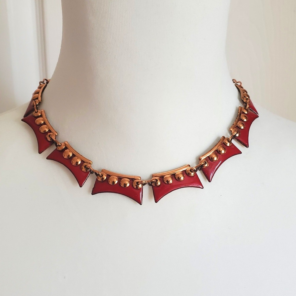 Matisse Choker Necklace Copper Red Enamel Dot Vintage Geometric Modernist LInks